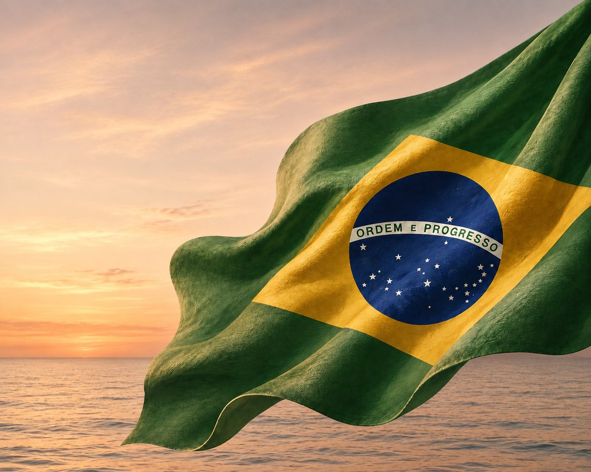 Bandeira do Brasil ao pôr do sol sobre o mar